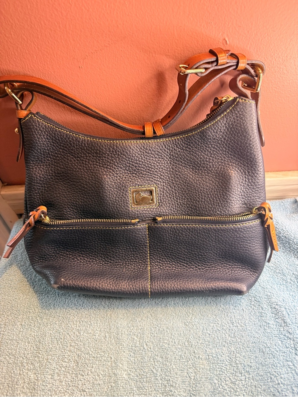 Dooney & Bourke Pebbled Leather Hobo Bag in Dark Blue with Tan Trim